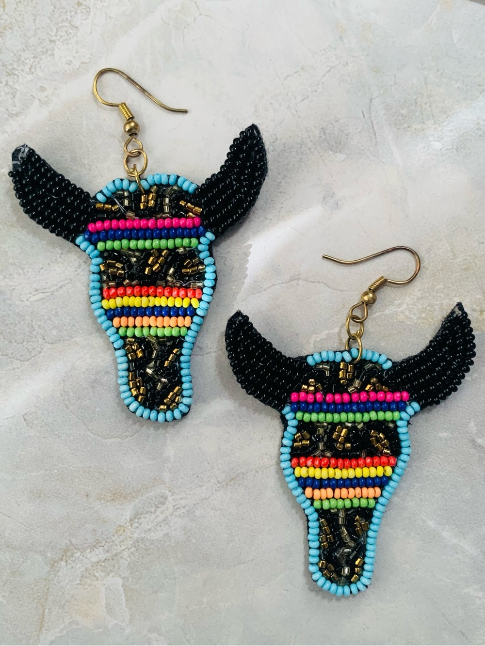 Beaded Bull Skull Dangle Earrings - Black & Multicolor - Picture 1 of 5